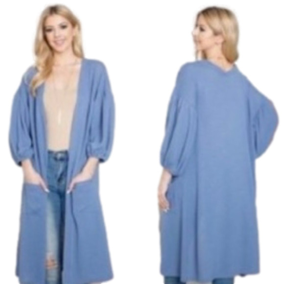 BLUE WAFFLE CARDIGAN - Picture 1 of 2
